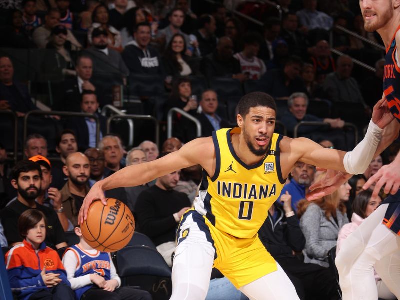 NEW YORK, NY - FEBRUARY 1: Tyrese Haliburton #0 of the Indiana Pacers dribbles the ball during the game against the New York Knicks on February 1, 2024 at Madison Square Garden in New York City, New York.  NOTE TO USER: User expressly acknowledges and agrees that, by downloading and or using this photograph, User is consenting to the terms and conditions of the Getty Images License Agreement. Mandatory Copyright Notice: Copyright 2024 NBAE  (Photo by Nathaniel S. Butler/NBAE via Getty Images)