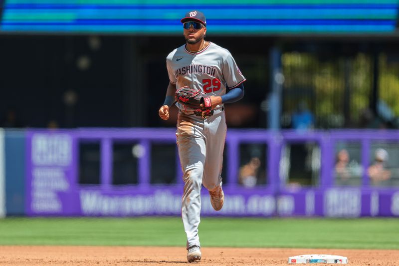 Apr 13, 2025; Miami, Florida, USA; Washington Nationals left fielder James Wood (29) returns to the dugout against the Miami Marlins at loanDepot Park. Mandatory Credit: Sam Navarro-Imagn Images