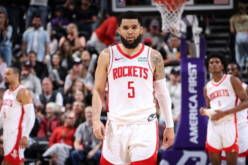 SALT LAKE CITY, UT - APRIL 11:  Fred VanVleet #5 of the Houston Rockets looks on during the game against the Utah Jazz on April 11, 2024 at Delta Center in Salt Lake City, Utah. NOTE TO USER: User expressly acknowledges and agrees that, by downloading and or using this Photograph, User is consenting to the terms and conditions of the Getty Images License Agreement. Mandatory Copyright Notice: Copyright 2024 NBAE (Photo by Melissa Majchrzak/NBAE via Getty Images)