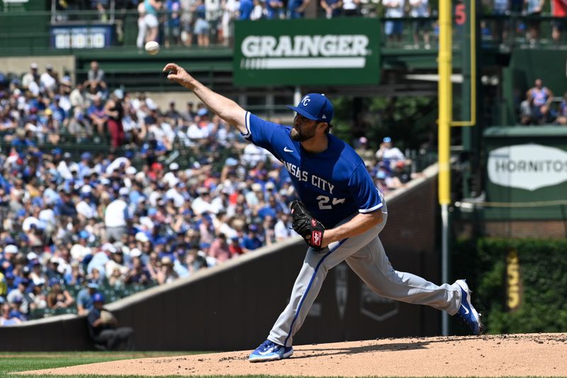 Aug 20, 2023; Chicago, Illinois, USA;  Kansas City Royals starting pitcher Jordan Lyles (24) delivers against the Chicago Cubs during the first inning at Wrigley Field. Mandatory Credit: Matt Marton-USA TODAY Sports