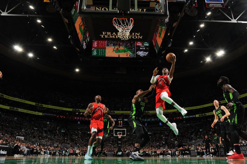 BOSTON, MA - NOVEMBER 16: RJ Barrett #9 of the Toronto Raptors shoots the ball during the game against the Boston Celtics on November 16, 2024 at TD Garden in Boston, Massachusetts. NOTE TO USER: User expressly acknowledges and agrees that, by downloading and/or using this Photograph, user is consenting to the terms and conditions of the Getty Images License Agreement. Mandatory Copyright Notice: Copyright 2024 NBAE (Photo by Brian Babineau/NBAE via Getty Images)