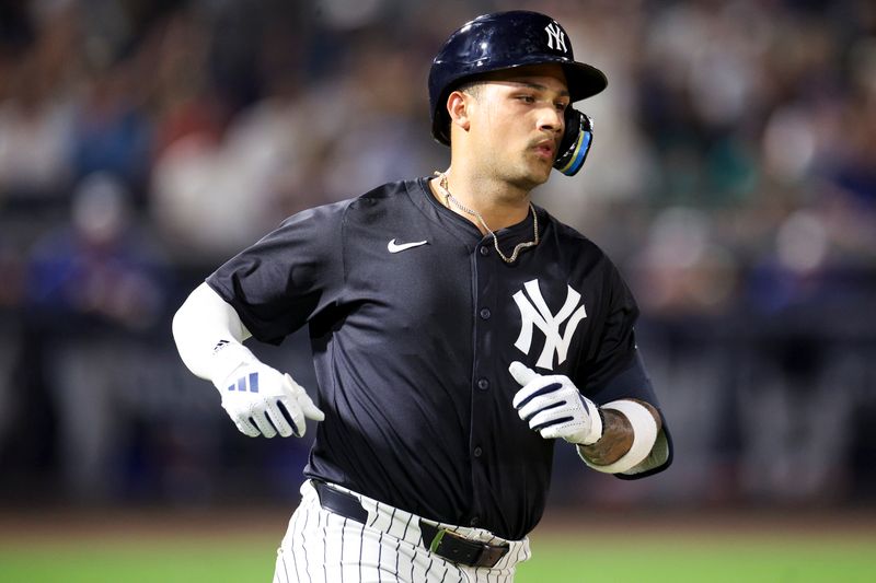 Mar 1, 2024; Tampa, Florida, USA;  New York Yankees left fielder Everson Pereira (80) runs the bases after hitting a two-run home run against the Toronto Blue Jays in the second inning at George M. Steinbrenner Field. Mandatory Credit: Nathan Ray Seebeck-USA TODAY Sports