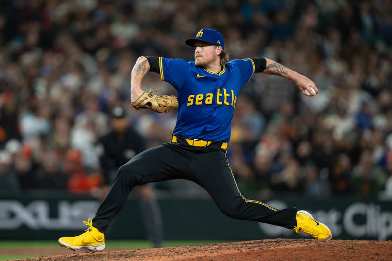 Aug 23, 2024; Seattle, Washington, USA; Reliever Gabe Speier (55) delivers a pitch during the eighth inning against the San Francisco Giants at T-Mobile Park. Mandatory Credit: Stephen Brashear-USA TODAY Sports