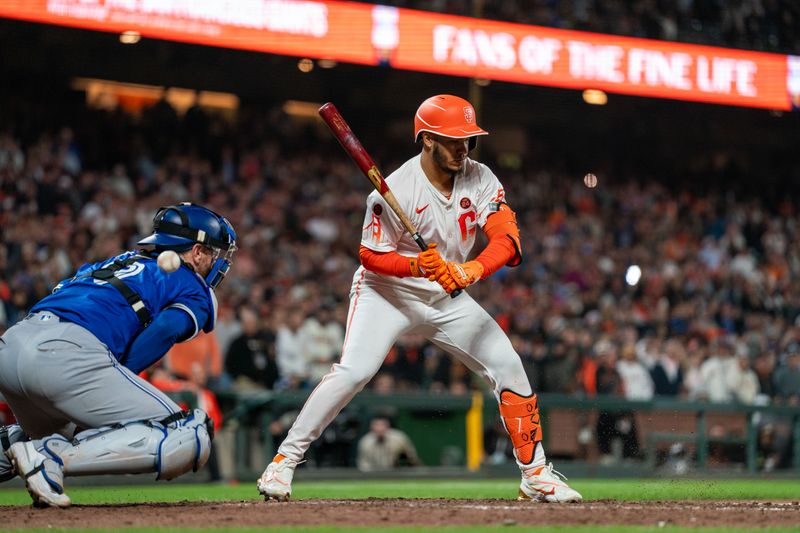 Jul 9, 2024; San Francisco, California, USA;  Toronto Blue Jays pitcher Trevor Richards (not pictured) wild pitch against San Francisco Giants second baseman Thairo Estrada (39) during the ninth inning  at Oracle Park. Mandatory Credit: Neville E. Guard-USA TODAY Sports