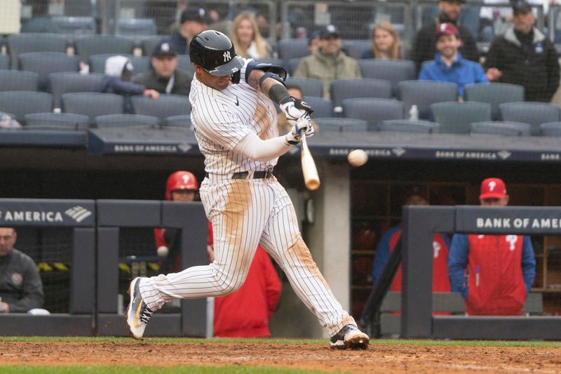 Apr 5, 2023; Bronx, New York, USA; New York Yankees designated hitter Gleybor Torres (25) hits a double against the Philadelphia Phillies during the eighth inning at Yankee Stadium. Mandatory Credit: Gregory Fisher-USA TODAY Sports