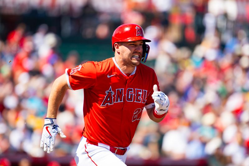 Mar 19, 2024; Tempe, Arizona, USA; Los Angeles Angels outfielder Mike Trout against the Cincinnati Reds during a spring training game at Tempe Diablo Stadium. Mandatory Credit: Mark J. Rebilas-USA TODAY Sports