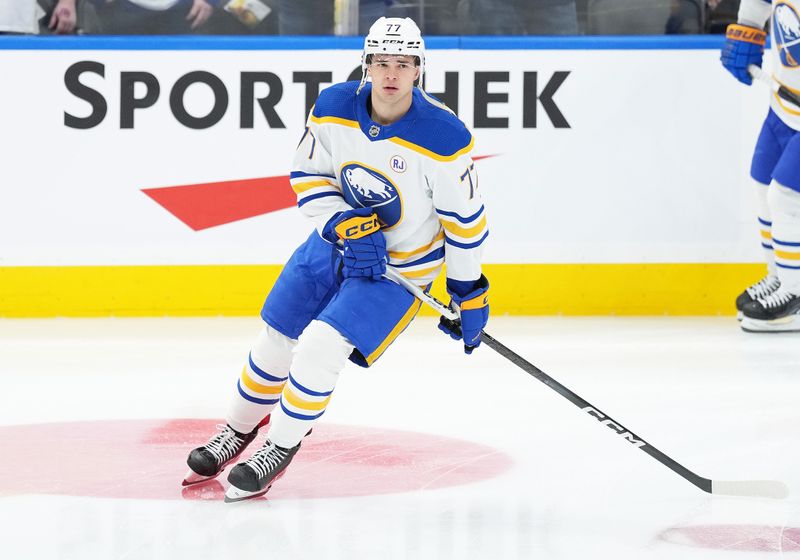 Mar 6, 2024; Toronto, Ontario, CAN; Buffalo Sabres right wing JJ Peterka (77) skates during the warmup before a game against the Toronto Maple Leafs at Scotiabank Arena. Mandatory Credit: Nick Turchiaro-USA TODAY Sports