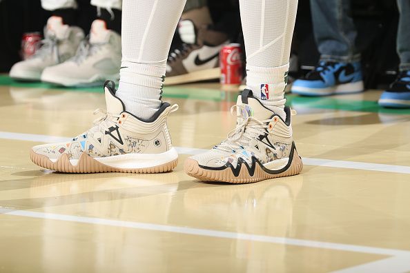 MILWAUKEE, WI - NOVEMBER 24: The sneakers worn by Malik Beasley #5 of the Milwaukee Bucks during the game against the Washington Wizards during the In-Season Tournament on November 24, 2023 at the Fiserv Forum Center in Milwaukee, Wisconsin. NOTE TO USER: User expressly acknowledges and agrees that, by downloading and or using this Photograph, user is consenting to the terms and conditions of the Getty Images License Agreement. Mandatory Copyright Notice: Copyright 2023 NBAE (Photo by Gary Dineen/NBAE via Getty Images).