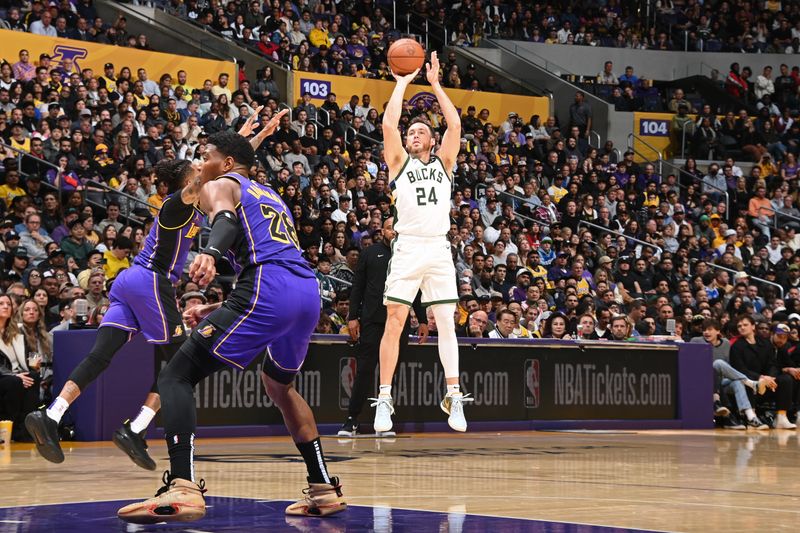 LOS ANGELES, CA - MARCH 8: Pat Connaughton #24 of the Milwaukee Bucks shoots the ball during the game against the Los Angeles Lakers on March 8, 2024 at Crypto.Com Arena in Los Angeles, California. NOTE TO USER: User expressly acknowledges and agrees that, by downloading and/or using this Photograph, user is consenting to the terms and conditions of the Getty Images License Agreement. Mandatory Copyright Notice: Copyright 2024 NBAE (Photo by Andrew D. Bernstein/NBAE via Getty Images)