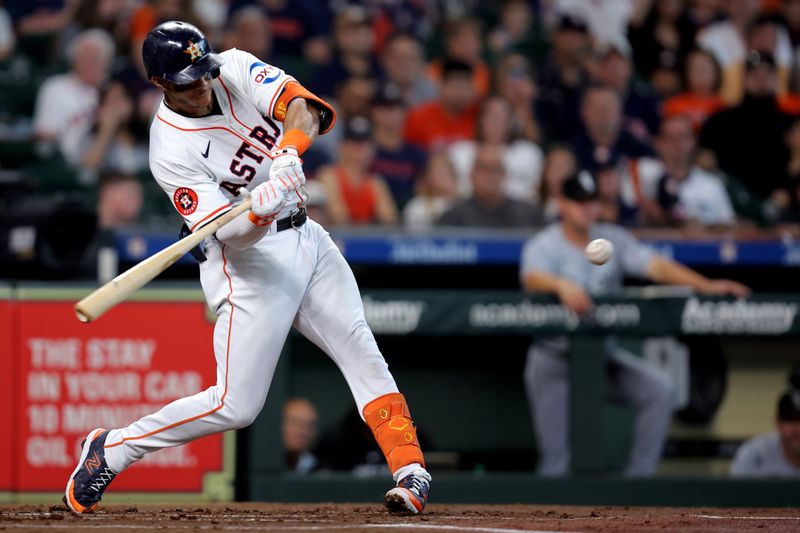 Aug 18, 2024; Houston, Texas, USA; Houston Astros shortstop Jeremy Peña (3) hits an infield single against the Chicago White Sox during the first inning at Minute Maid Park. Mandatory Credit: Erik Williams-USA TODAY Sports