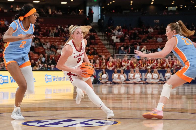 Mar 8, 2024; Greensville, SC, USA; Alabama Crimson Tide guard Sarah Ashlee Barker (3) drives to the basket against Tennessee Lady Vols forward Rickea Jackson (2) during the first half at Bon Secours Wellness Arena. Mandatory Credit: Jim Dedmon-USA TODAY Sports