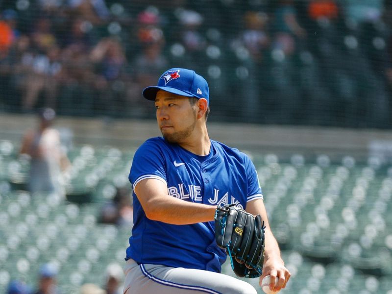 May 26, 2024; Detroit, Michigan, USA; Toronto Blue Jays starting pitcher Yusei Kikuchi (16) pitches during the first inning of the game against the Detroit Tigers at Comerica Park. Mandatory Credit: Brian Bradshaw Sevald-USA TODAY Sports