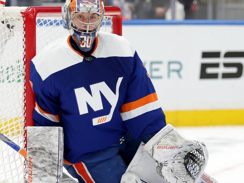 Dec 19, 2023; Elmont, New York, USA; New York Islanders goaltender Ilya Sorokin (30) tends net against the Edmonton Oilers during the first period at UBS Arena. Mandatory Credit: Brad Penner-USA TODAY Sports