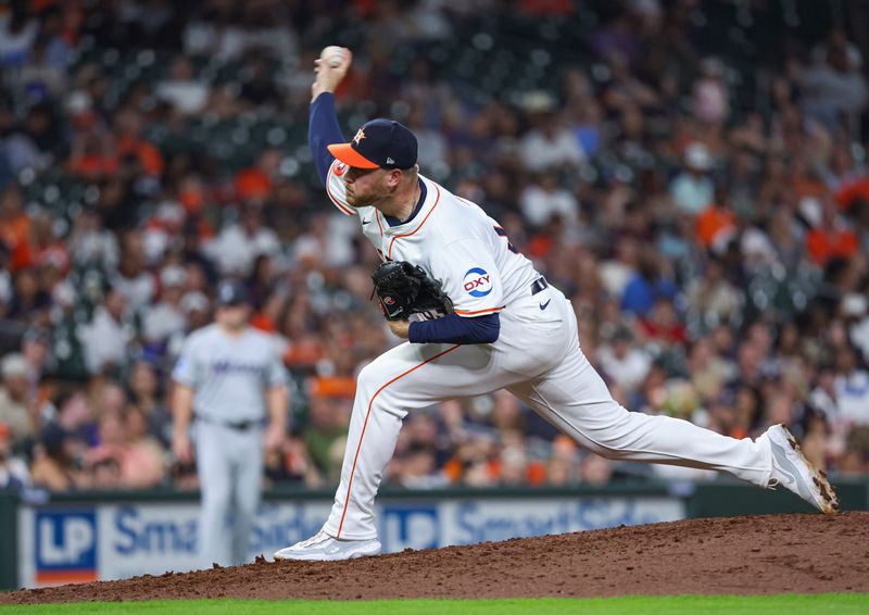 Jul 10, 2024; Houston, Texas, USA; Houston Astros relief pitcher Kaleb Ort (63) delivers a pitch during the eighth inning against the Miami Marlins at Minute Maid Park. Mandatory Credit: Troy Taormina-USA TODAY Sports