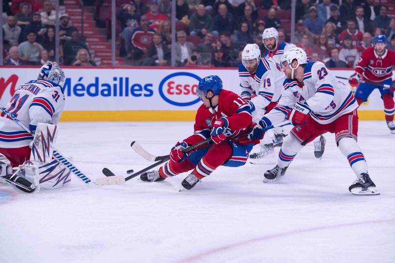 Oct 22, 2024; Ottawa, Ontario, CAN; Montreal Canadiens right wing Brendan Gallagher (11) loses the puck after being hooked by New York Rangers defenseman Adam Fox (23) in the second period at the Bell Centre. Mandatory Credit: Marc DesRosiers-Imagn Images