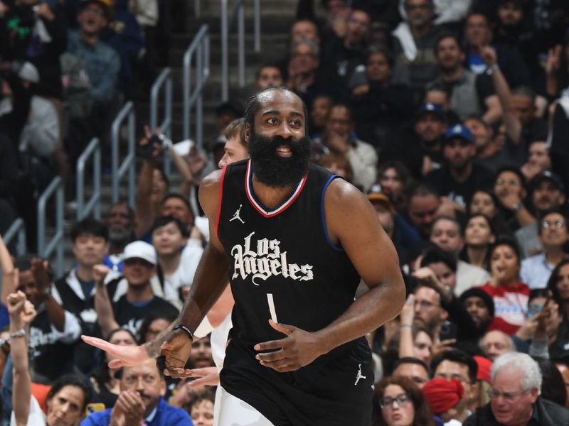 LOS ANGELES, CA - APRIL 23: James Harden #1 of the LA Clippers smiles during the game against the Dallas Mavericks during Round 1 Game 2 of the 2024 NBA Playoffs on April 23, 2024 at Crypto.Com Arena in Los Angeles, California. NOTE TO USER: User expressly acknowledges and agrees that, by downloading and/or using this Photograph, user is consenting to the terms and conditions of the Getty Images License Agreement. Mandatory Copyright Notice: Copyright 2024 NBAE (Photo by Andrew D. Bernstein/NBAE via Getty Images)