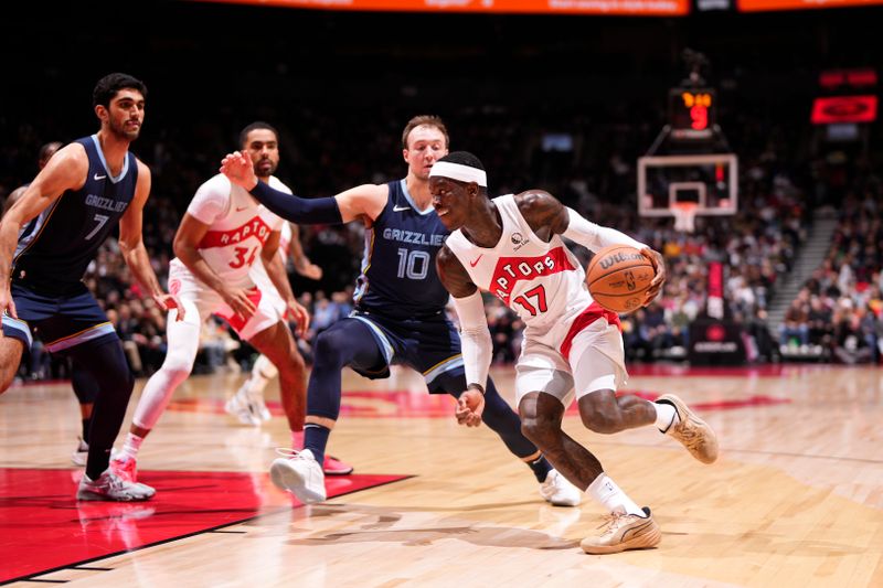 TORONTO, CANADA - JANUARY 22: Dennis Schroder #17 of the Toronto Raptors handles the ball during the game against the Memphis Grizzlies on January 22, 2024 at the Scotiabank Arena in Toronto, Ontario, Canada.  NOTE TO USER: User expressly acknowledges and agrees that, by downloading and or using this Photograph, user is consenting to the terms and conditions of the Getty Images License Agreement.  Mandatory Copyright Notice: Copyright 2024 NBAE (Photo by Mark Blinch/NBAE via Getty Images)