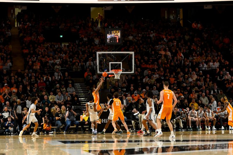 Jan 18, 2025; Nashville, Tennessee, USA;  Tennessee Volunteers guard Jordan Gainey (11) lays the ball in against the Vanderbilt Commodores during the first half at Memorial Gymnasium. Mandatory Credit: Steve Roberts-Imagn Images