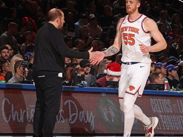 NEW YORK, NY - DECEMBER 25: Isaiah Hartenstein #55 and Head Coach Tom Thibodeau of the New York Knicks high five during the game against the Milwaukee Bucks on December 25, 2023 at Madison Square Garden in New York City, New York.  NOTE TO USER: User expressly acknowledges and agrees that, by downloading and or using this photograph, User is consenting to the terms and conditions of the Getty Images License Agreement. Mandatory Copyright Notice: Copyright 2023 NBAE  (Photo by Nathaniel S. Butler/NBAE via Getty Images)