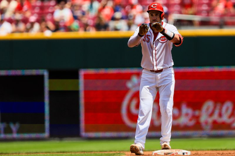 Jul 7, 2024; Cincinnati, Ohio, USA; Cincinnati Reds catcher Austin Wynns (35) reacts after hitting a double in the third inning against the Detroit Tigers at Great American Ball Park. Mandatory Credit: Katie Stratman-USA TODAY Sports