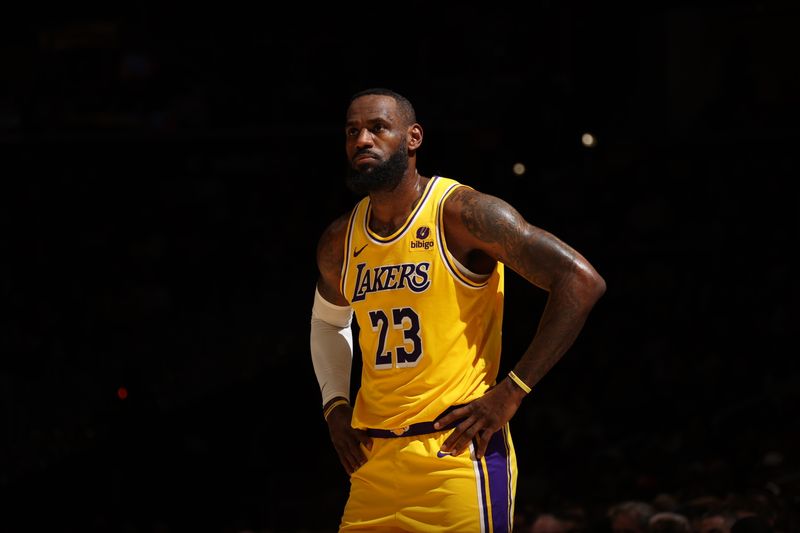 WASHINGTON, DC -? APRIL 3: LeBron James #23 of the Los Angeles Lakers looks on during the game against the Washington Wizards on April 3, 2024 at Capital One Arena in Washington, DC. NOTE TO USER: User expressly acknowledges and agrees that, by downloading and or using this Photograph, user is consenting to the terms and conditions of the Getty Images License Agreement. Mandatory Copyright Notice: Copyright 2024 NBAE (Photo by Stephen Gosling/NBAE via Getty Images)