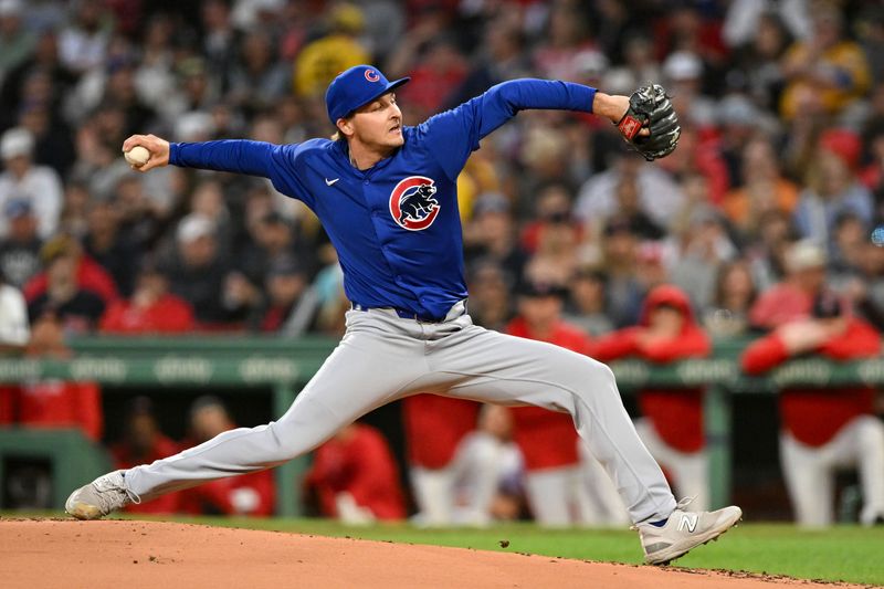 Apr 28, 2024; Boston, Massachusetts, USA; Chicago Cubs relief pitcher Hayden Wesneski (19) pitches against the Boston Red Sox during the first inning at Fenway Park. Mandatory Credit: Brian Fluharty-USA TODAY Sports