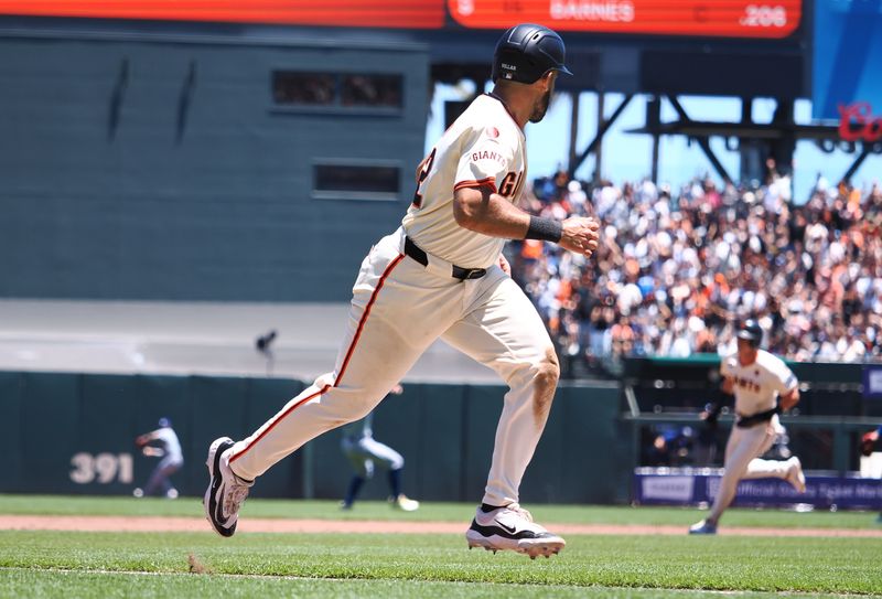 Jun 30, 2024; San Francisco, California, USA; San Francisco Giants first baseman David Villar (32) scores a run against the Los Angeles Dodgers during the second inning at Oracle Park. Mandatory Credit: Kelley L Cox-USA TODAY Sports