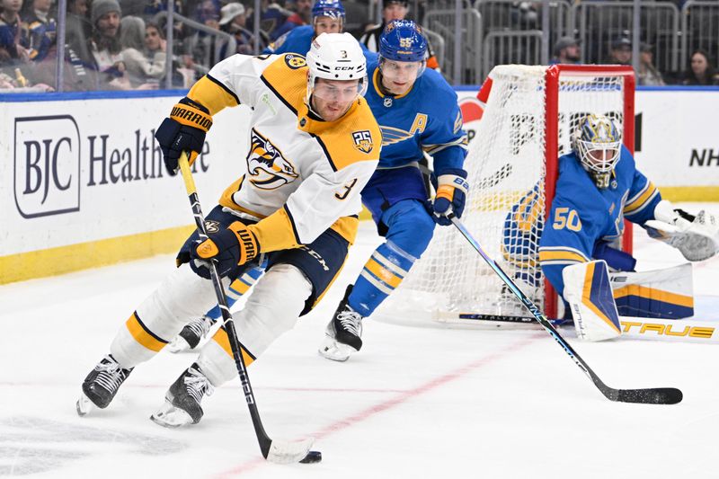 Feb 17, 2024; St. Louis, Missouri, USA; St. Louis Blues defenseman Colton Parayko (55) pressures Nashville Predators defenseman Jeremy Lauzon (3) during the first period at Enterprise Center. Mandatory Credit: Jeff Le-USA TODAY Sports