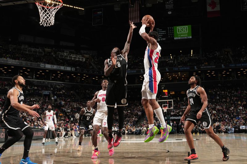 BROOKLYN, NY - NOVEMBER 3: Dorian Finney-Smith #28 of the Brooklyn Nets blocks the shot during the game against the Detroit Pistons on November 3, 2024 at Barclays Center in Brooklyn, New York. NOTE TO USER: User expressly acknowledges and agrees that, by downloading and or using this Photograph, user is consenting to the terms and conditions of the Getty Images License Agreement. Mandatory Copyright Notice: Copyright 2024 NBAE (Photo by Jesse D. Garrabrant/NBAE via Getty Images)