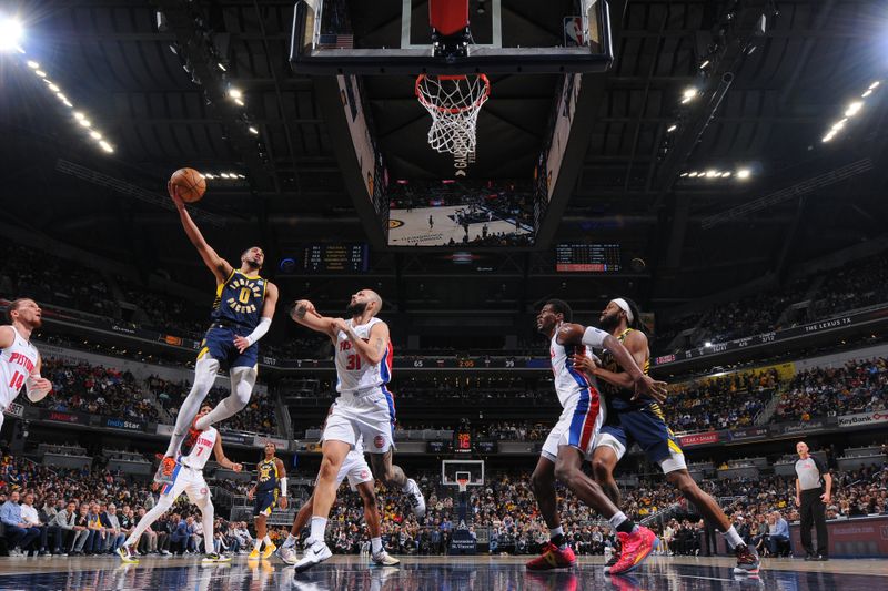 INDIANAPOLIS, IN - FEBRUARY 22:  Tyrese Haliburton #0 of the Indiana Pacers goes to the basket during the game on February 22, 2024 at Gainbridge Fieldhouse in Indianapolis, Indiana. NOTE TO USER: User expressly acknowledges and agrees that, by downloading and or using this Photograph, user is consenting to the terms and conditions of the Getty Images License Agreement. Mandatory Copyright Notice: Copyright 2024 NBAE (Photo by Ron Hoskins/NBAE via Getty Images)