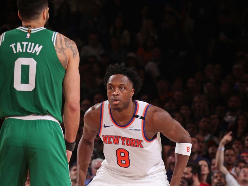 NEW YORK, NY - May 10:   OG Anunoby #8 of the New York Knicks plays defense during the game against the Boston Celtics   during Round 2 Game 3 of the 2025 NBA Playoffs  on May 10, 2025 at Madison Square Garden in New York City, New York.  NOTE TO USER: User expressly acknowledges and agrees that, by downloading and or using this photograph, User is consenting to the terms and conditions of the Getty Images License Agreement. Mandatory Copyright Notice: Copyright 2025 NBAE  (Photo by Nathaniel S. Butler/NBAE via Getty Images)