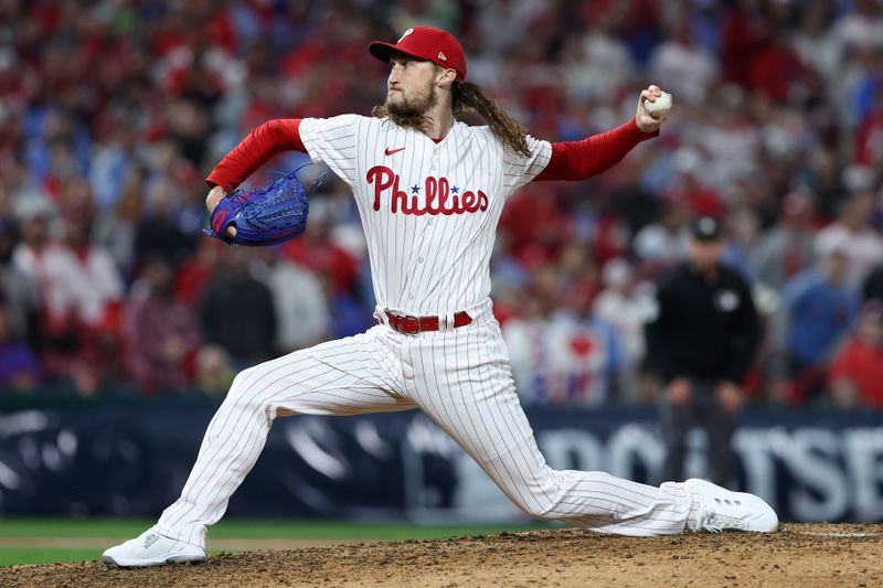 Oct 24, 2023; Philadelphia, Pennsylvania, USA; Philadelphia Phillies relief pitcher Matt Strahm (25) throws pitch against the Arizona Diamondbacks in the ninth inning for game seven of the NLCS for the 2023 MLB playoffs at Citizens Bank Park. Mandatory Credit: Bill Streicher-USA TODAY Sports