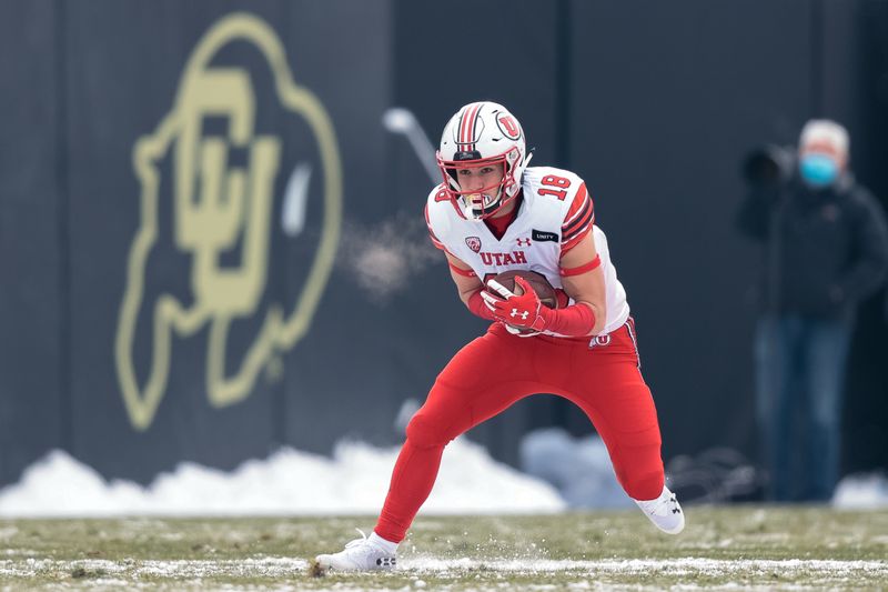 Dec 12, 2020; Boulder, Colorado, USA; Utah Utes wide receiver Britain Covey (18) catches the ball on a punt return in the first quarter against the Colorado Buffaloes at Folsom Field. Mandatory Credit: Isaiah J. Downing-USA TODAY Sportsffd