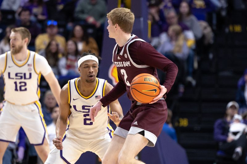 Jan 20, 2024; Baton Rouge, Louisiana, USA;  Texas A&M Aggies guard Hayden Hefner (2) looks to pass the ball against Texas A&M Aggies guard Hayden Hefner (2) during the first half at Pete Maravich Assembly Center. Mandatory Credit: Stephen Lew-USA TODAY Sports