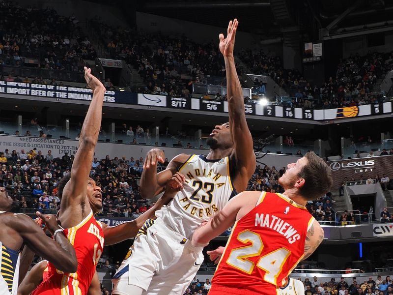 INDIANAPOLIS, IN - FEBRUARY 1: Aaron Nesmith #23 of the Indiana Pacers shoots the ball during the game against the Atlanta Hawks on February 1, 2025 at Gainbridge Fieldhouse in Indianapolis, Indiana. NOTE TO USER: User expressly acknowledges and agrees that, by downloading and or using this Photograph, user is consenting to the terms and conditions of the Getty Images License Agreement. Mandatory Copyright Notice: Copyright 2025 NBAE (Photo by Ron Hoskins/NBAE via Getty Images)