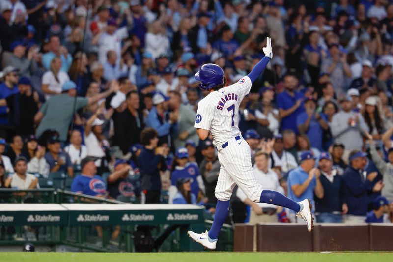 Sep 2, 2024; Chicago, Illinois, USA; Chicago Cubs shortstop Dansby Swanson (7) rounds the bases after hitting a solo home run against the Pittsburgh Pirates during the third inning at Wrigley Field. Mandatory Credit: Kamil Krzaczynski-USA TODAY Sports