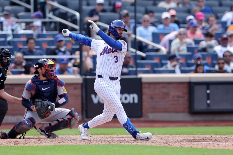 Jul 28, 2024; New York City, New York, USA; New York Mets pinch hitter Jesse Winker (3) strikes out in his first Mets at-bat during the eighth inning against the Atlanta Braves at Citi Field. Mandatory Credit: Brad Penner-USA TODAY Sports