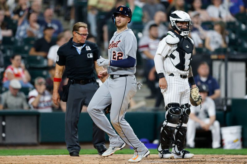 Jun 2, 2025; Chicago, Illinois, USA; Detroit Tigers center fielder Parker Meadows (22) scores against the Chicago White Sox during the sixth inning at Rate Field. Mandatory Credit: Kamil Krzaczynski-Imagn Images