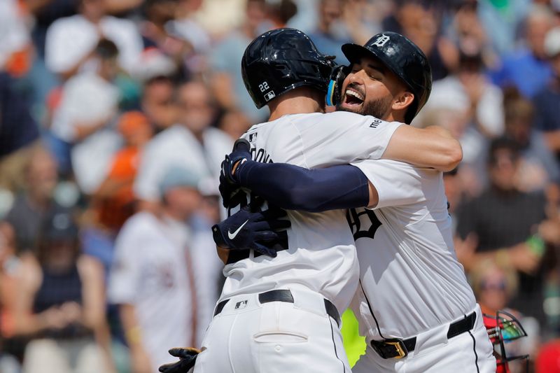 Sep 1, 2024; Detroit, Michigan, USA;  Detroit Tigers outfielder Riley Greene (31) celebrates with outfielder Parker Meadows (22) after he hits a two run home run in the sixth inning against the Boston Red Sox at Comerica Park. Mandatory Credit: Rick Osentoski-USA TODAY Sports