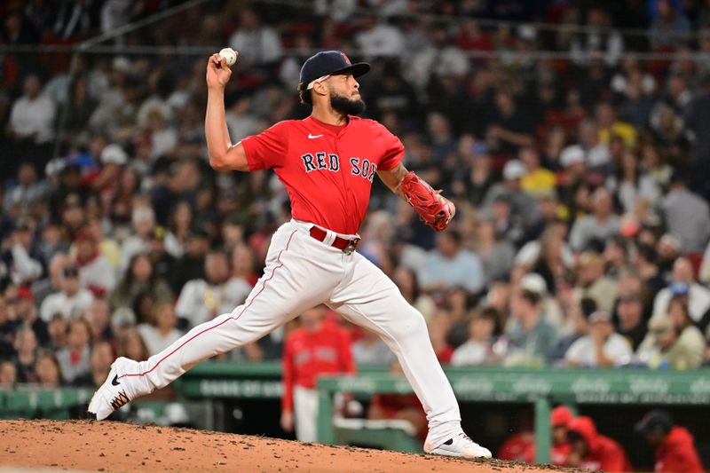 Sep 27, 2024; Boston, Massachusetts, USA; Boston Red Sox pitcher Luis Garcia (40) pitches against the Tampa Bay Rays during the ninth inning at Fenway Park. Mandatory Credit: Eric Canha-Imagn Images