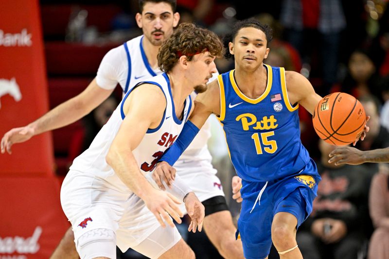 Feb 11, 2025; Dallas, Texas, USA; Pittsburgh Panthers guard Jaland Lowe (15) passes the ball by Southern Methodist Mustangs forward Matt Cross (33) during the second half at Moody Coliseum. Mandatory Credit: Jerome Miron-Imagn Images