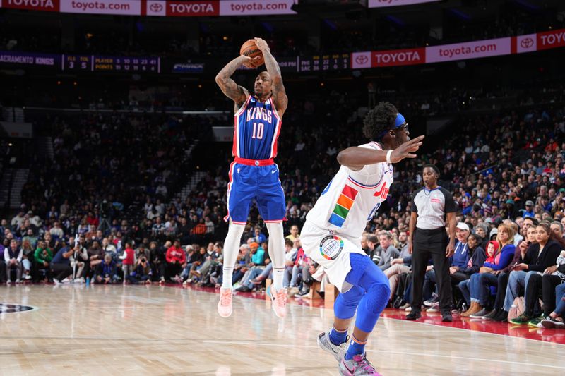 PHILADELPHIA, PA - JANUARY 29: DeMar DeRozan #10 of the Sacramento Kings shoots a three point basket during the game against the Philadelphia 76ers on January 29, 2025 at the Wells Fargo Center in Philadelphia, Pennsylvania NOTE TO USER: User expressly acknowledges and agrees that, by downloading and/or using this Photograph, user is consenting to the terms and conditions of the Getty Images License Agreement. Mandatory Copyright Notice: Copyright 2025 NBAE (Photo by Jesse D. Garrabrant/NBAE via Getty Images)