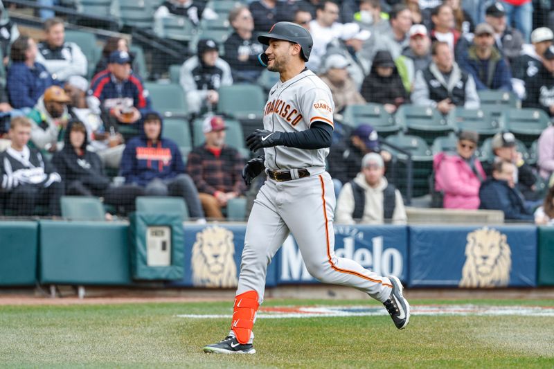 Apr 3, 2023; Chicago, Illinois, USA; San Francisco Giants right fielder Michael Conforto (8) smiles after hitting a solo home run against the Chicago White Sox during the fifth inning at Guaranteed Rate Field. Mandatory Credit: Kamil Krzaczynski-USA TODAY Sports