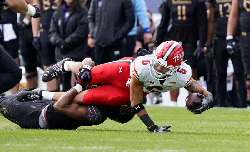 Oct 28, 2023; Evanston, Illinois, USA; Maryland Terrapins wide receiver Jeshaun Jones (6) runs against the Northwestern Wildcats during the first half at Ryan Field. Mandatory Credit: David Banks-USA TODAY Sports