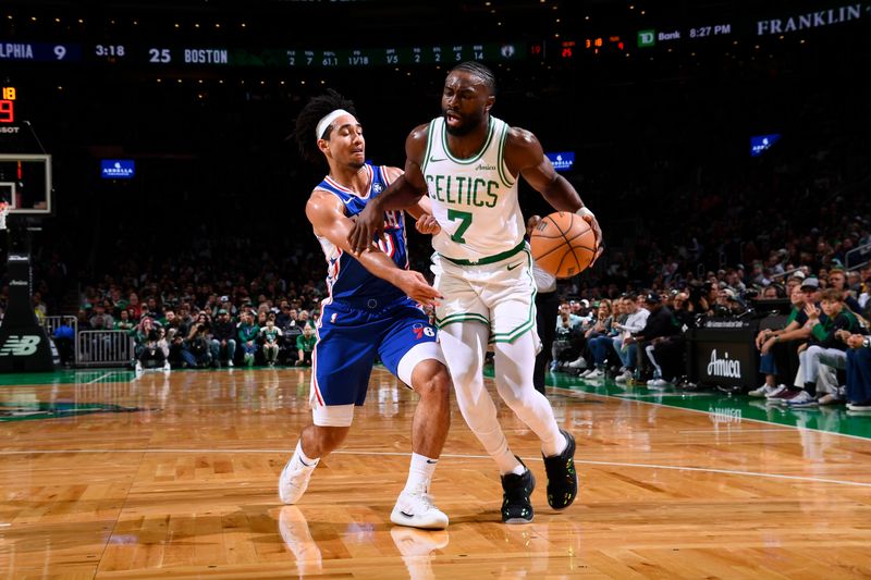 BOSTON, MA - OCTOBER 12: Jaylen Brown #7 of the Boston Celtics handles the ball during the game against the Philadelphia 76ers during a NBA Preseason game on October 12, 2024 at TD Garden in Boston, Massachusetts. NOTE TO USER: User expressly acknowledges and agrees that, by downloading and/or using this Photograph, user is consenting to the terms and conditions of the Getty Images License Agreement. Mandatory Copyright Notice: Copyright 2024 NBAE (Photo by Brian Babineau/NBAE via Getty Images)