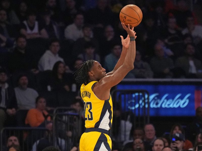 NEW YORK, NY - FEBRUARY 10: Aaron Nesmith #23 of the Indiana Pacers shoots the ball during the game against the New York Knicks on February 10, 2024 at Madison Square Garden in New York City, New York.  NOTE TO USER: User expressly acknowledges and agrees that, by downloading and or using this photograph, User is consenting to the terms and conditions of the Getty Images License Agreement. Mandatory Copyright Notice: Copyright 2024 NBAE  (Photo by Jesse D. Garrabrant/NBAE via Getty Images)