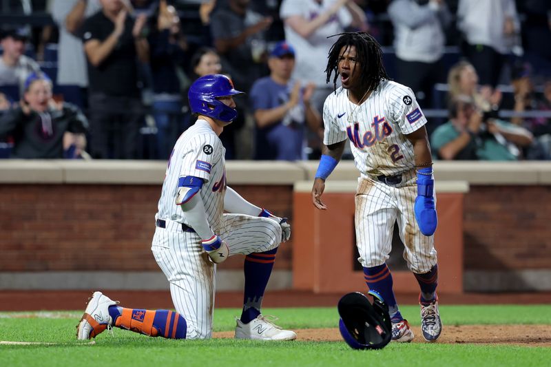 Sep 18, 2024; New York City, New York, USA; New York Mets shortstop Luisangel Acuna (2) celebrates with on deck batter Brandon Nimmo (9) after scoring against the Washington Nationals on a single by designated hitter Starling Marte (not pictured) during the fourth inning at Citi Field. Mandatory Credit: Brad Penner-Imagn Images