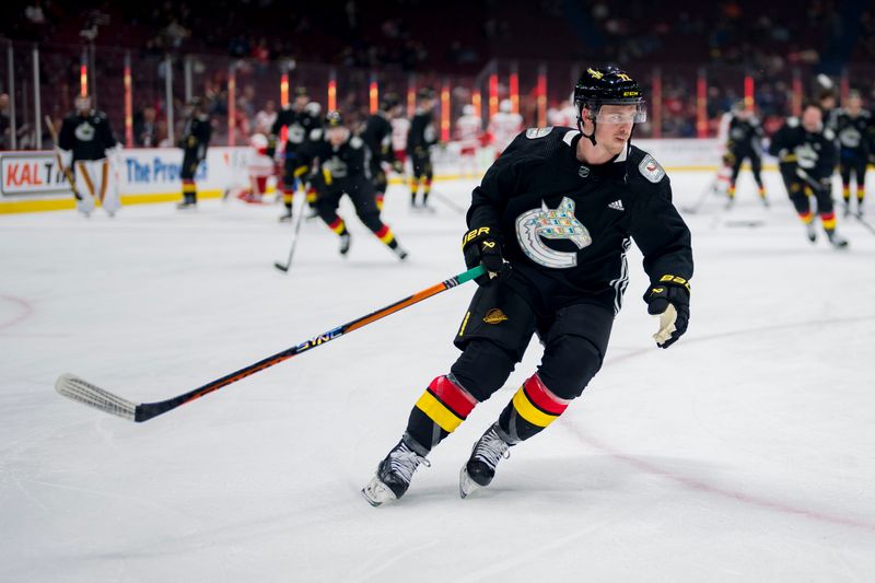 Feb 13, 2023; Vancouver, British Columbia, CAN; Vancouver Canucks forward Anthony Beauvillier (72) skates during warm up prior to a game against the Detroit Red Wings at Rogers Arena. Mandatory Credit: Bob Frid-USA TODAY Sports