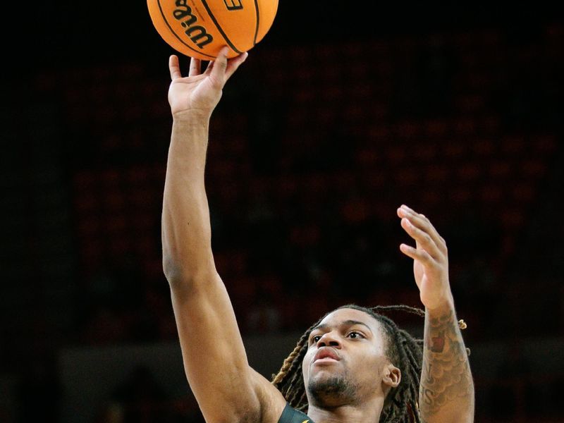 Jan 6, 2024; Stillwater, Oklahoma, USA; Baylor Bears guard Jayden Nunn (2) puts up a shot during the second half against the Oklahoma State Cowboys at Gallagher-Iba Arena. Mandatory Credit: William Purnell-USA TODAY Sports