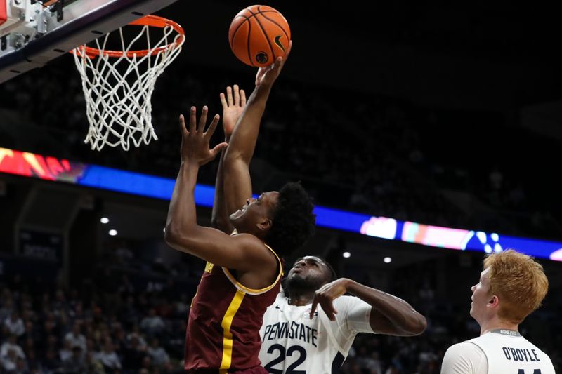 Jan 27, 2024; University Park, Pennsylvania, USA; Minnesota Golden Gophers forward Joshua Ola-Joseph (1) drives the ball to the basket during the second half against the Penn State Nittany Lions at Bryce Jordan Center. Minnesota defeated Penn State 83-74. Mandatory Credit: Matthew O'Haren-USA TODAY Sports